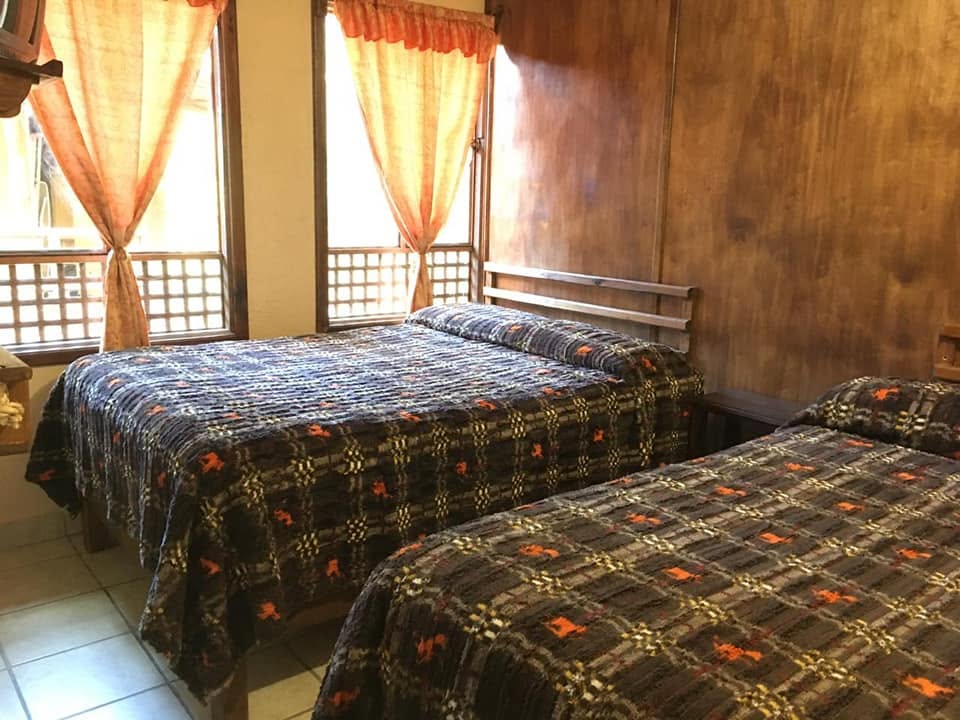 Habitación con dos camas matrimoniales y madera en la pared
